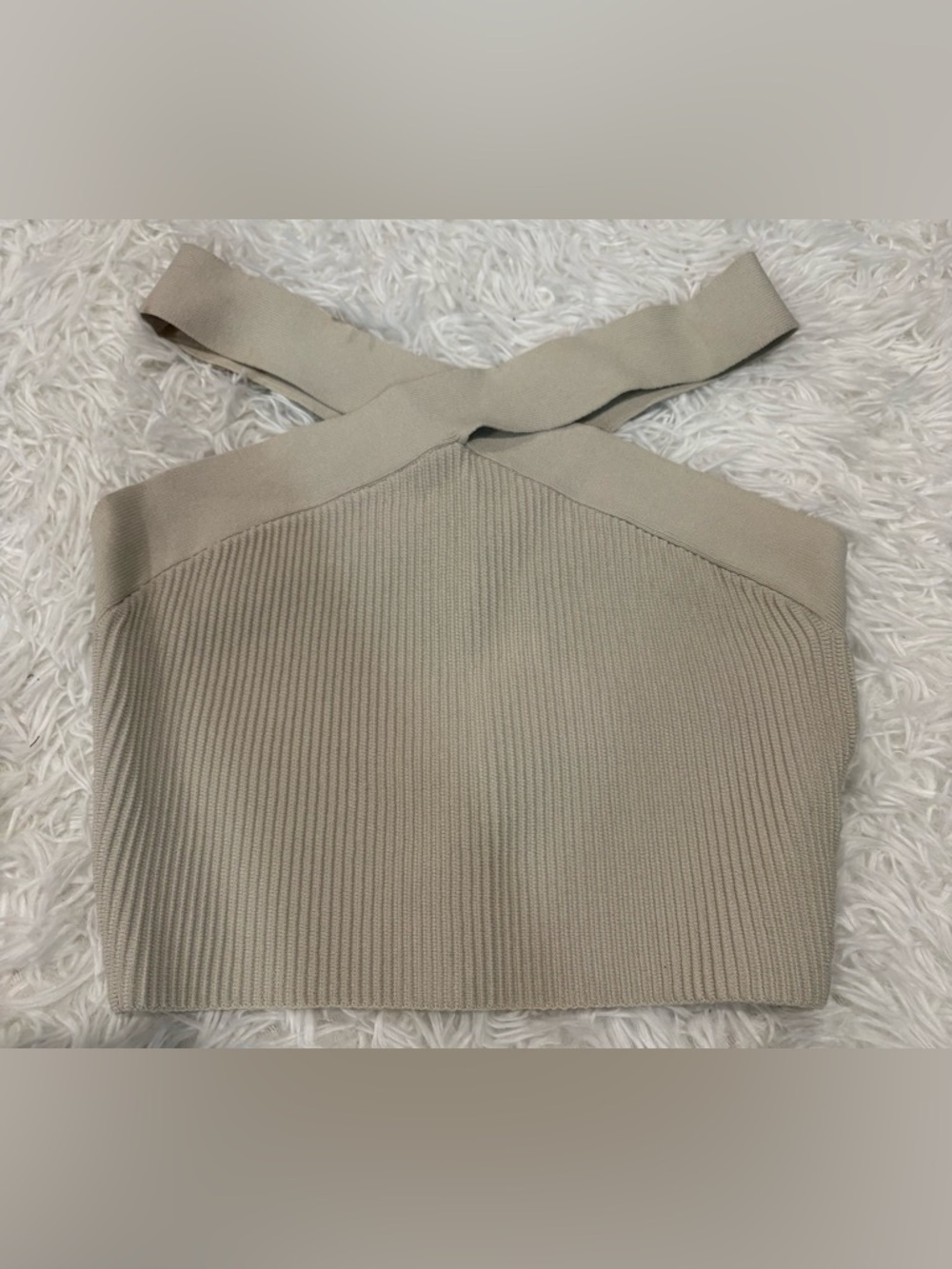 Babaton Cross-Back Ribbed Crop Top in Beige